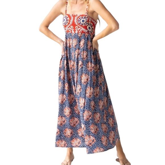 Natural Life NEW Bailey Maxi Dress Red Navy Boho Floral Smocked Bodice Size L - Picture 2 of 8